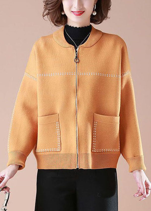 Stylish Orange O-Neck Zip Up Pockets Print Knit Coats Long Sleeve