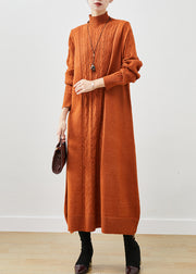 Stylish Orange Oversized Cable Knit Ankle Dress Spring