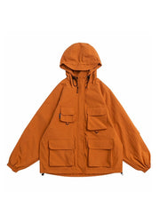 Stylish Orange Patchwork Zippered Drawstring Button Pockets Hooded Jackets Long Sleeve