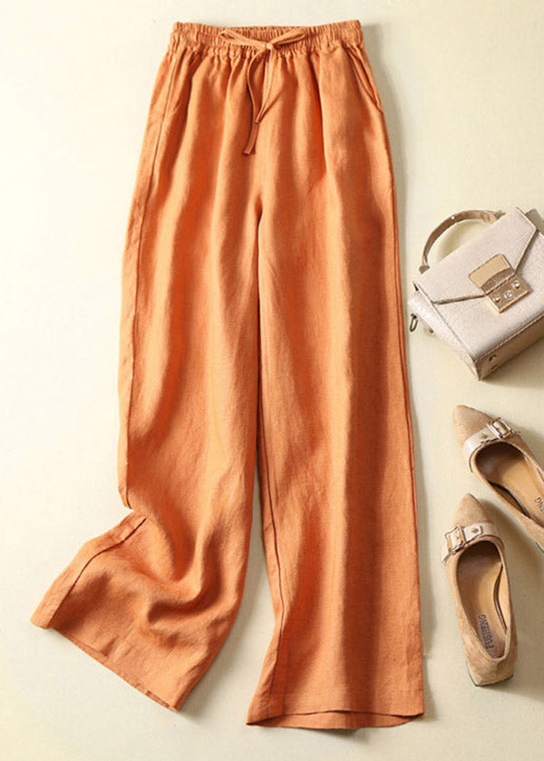 Stylish Orange Pockets elastic waist Drawstring Linen Wide Leg Pants Summer
