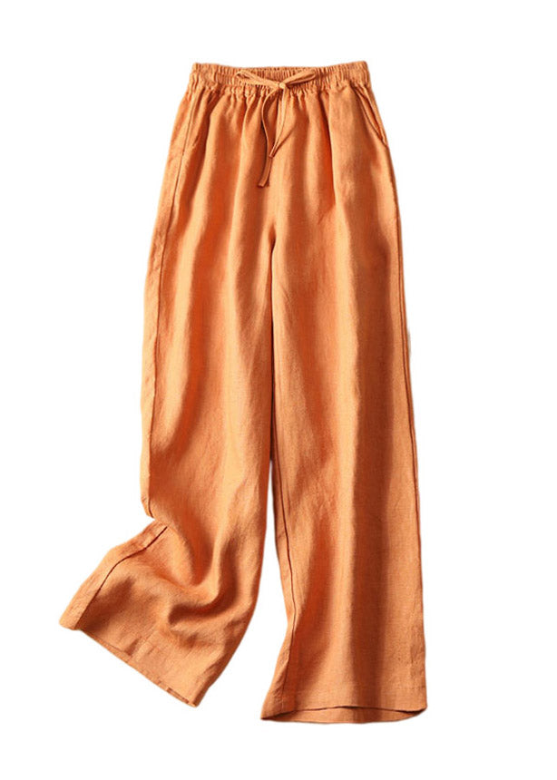 Stilvolle orangefarbene Taschen, elastische Taille, Kordelzug, Leinenhose mit weitem Bein, Sommer