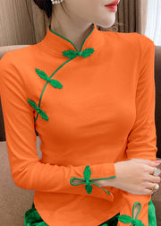 Stylish Orange Stand Collar Embroidered Asymmetrical Button Cotton Shirt Bottoming Shirt
