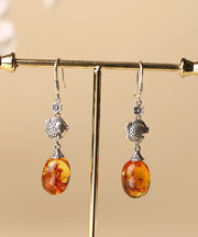 Stylish Orange Sterling Silver Water Droplet Amber Drop Earrings