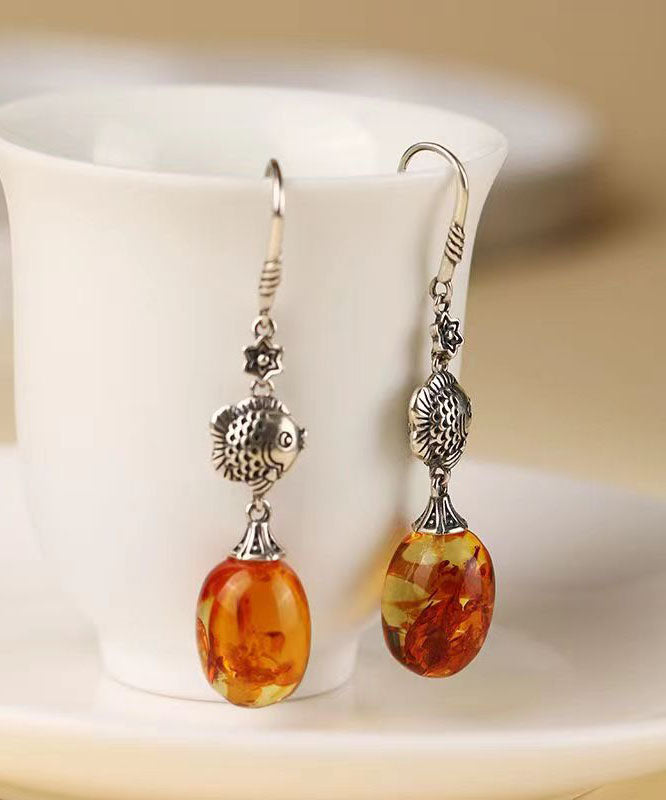 Stylish Orange Sterling Silver Water Droplet Amber Drop Earrings