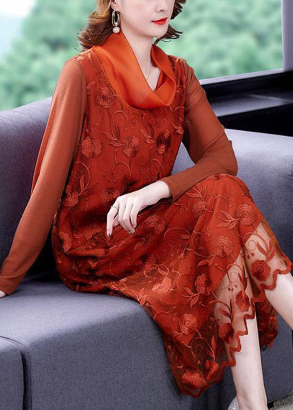 Stylish Orange Turtle Neck Embroidered Tulle Vacation Dresses Spring