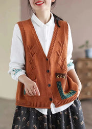Stylish Orange V Neck Pockets Patchwork Knit Vest Spring