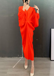 Stylish Orange V Neck Striped Wrinkled Dress Batwing Sleeve