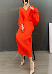Stylish Orange V Neck Striped Wrinkled Dress Batwing Sleeve