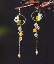 Stylish Overgild Gem Stone Chalcedony Crystal Pearl Cloisonne Shell Flower Metal Drop Earrings