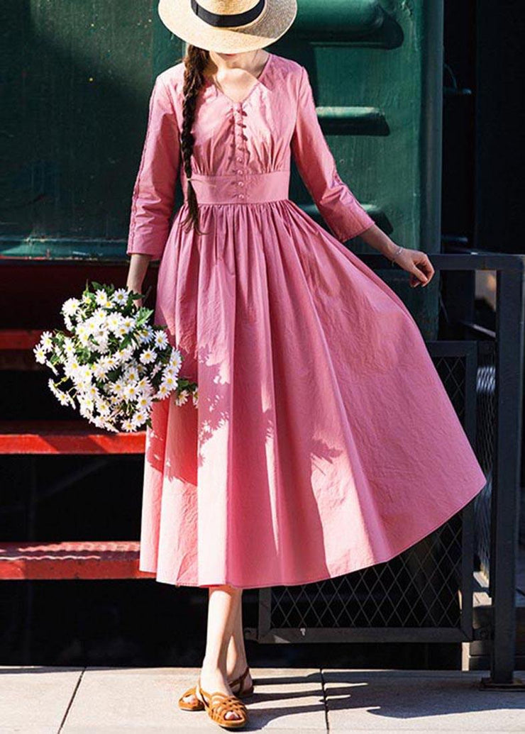 Stylish Pink Button V Neck Mid Summer Cotton Dress - SooLinen