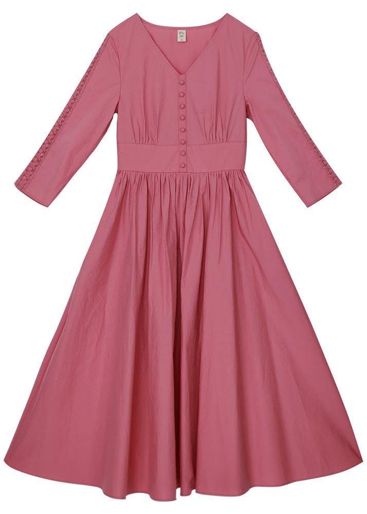 Stylish Pink Button V Neck Mid Summer Cotton Dress - SooLinen