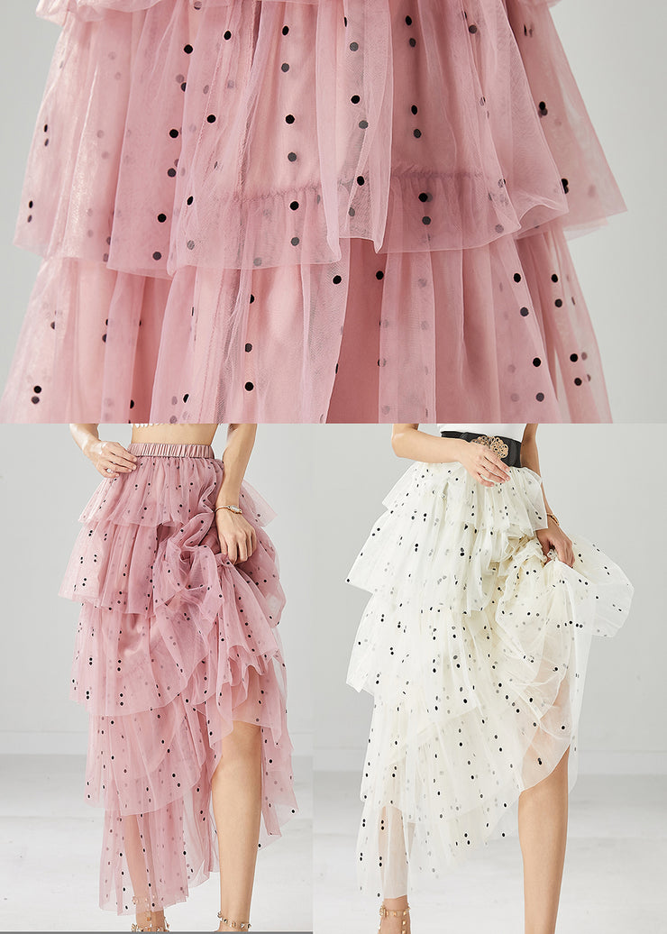 Stylish Pink Dot Print Layered Tulle A Line Skirts Fall