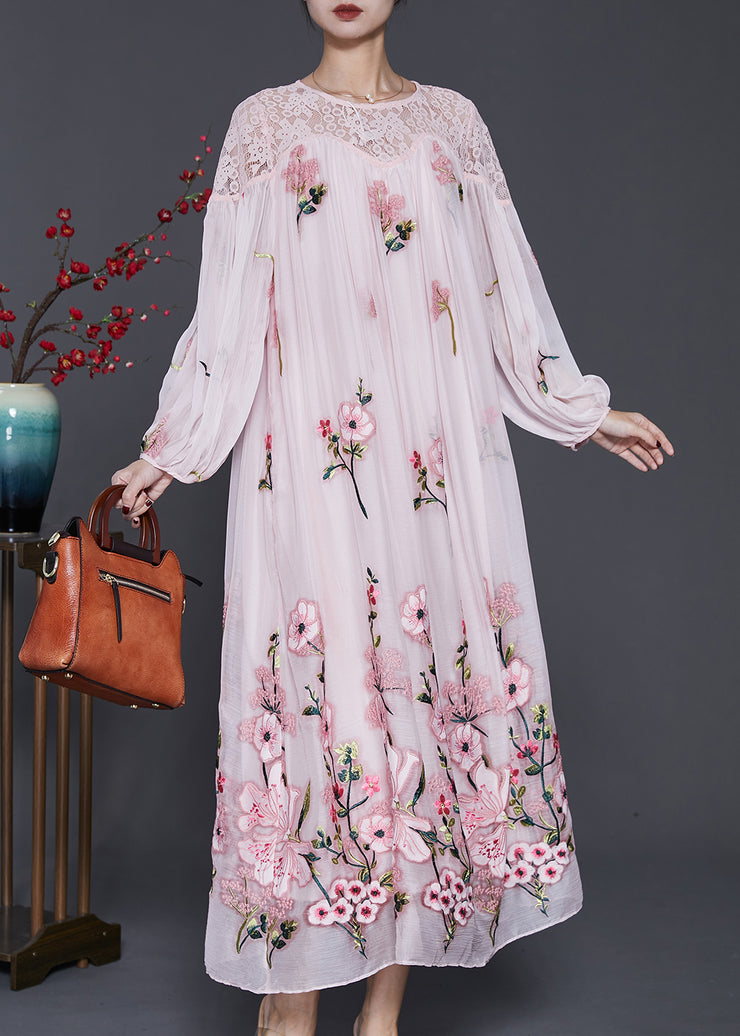 Stylish Pink Embroidered Hollow Out Silk Velvet Maxi Dresses Spring
