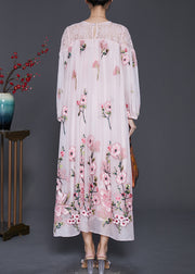 Stylish Pink Embroidered Hollow Out Silk Velvet Maxi Dresses Spring
