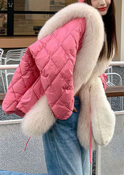 Stylish Pink Fox Hair Sailor Collar Pockets Fine Cotton Filled Puffers Jackets Winter