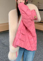 Stylish Pink Fox Hair Sailor Collar Pockets Fine Cotton Filled Puffers Jackets Winter
