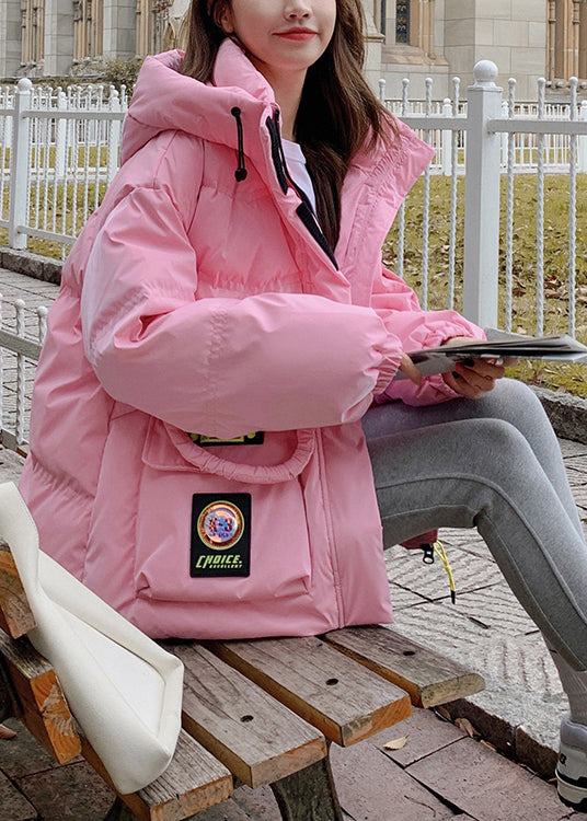 Stylish Pink Hooded Pockets Duck Down Puffers Jackets Winter