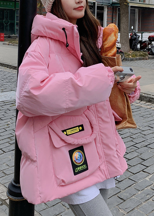 Stylish Pink Hooded Pockets Duck Down Puffers Jackets Winter