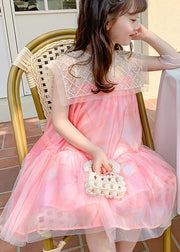 Stylish Pink Nail Bead Wrinkled Patchwork Tulle Kids Girls Dress Summer