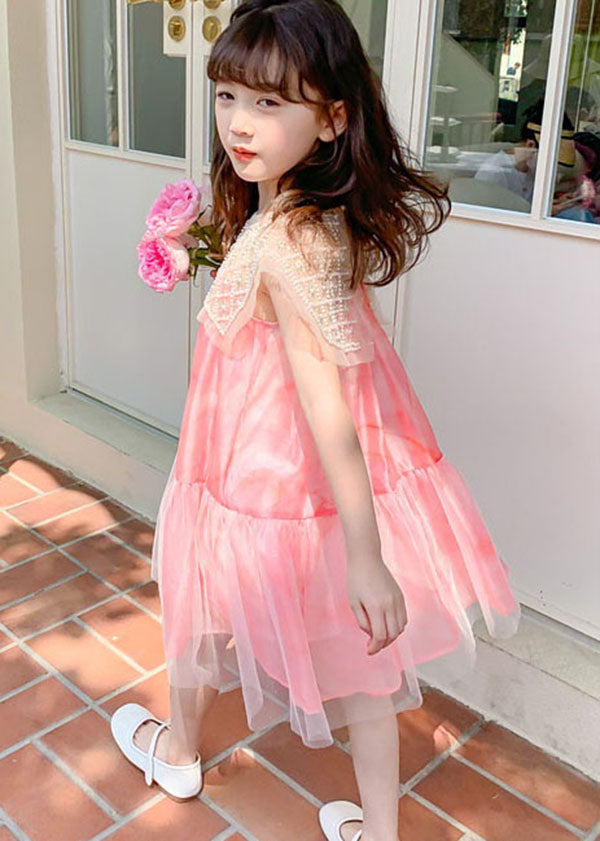 Stylish Pink Nail Bead Wrinkled Patchwork Tulle Kids Girls Dress Summer