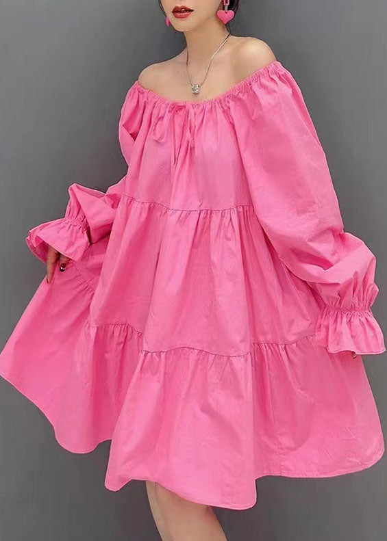 Stylish Pink O Neck Cinched Patchwork Cotton Dress Lantern Sleeve