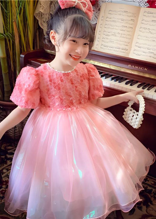 Stylish Pink O-Neck Nail Bead Patchwork Tulle Baby Girls Dresses Summer