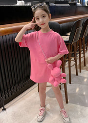 Stylish Pink O Neck Patchwork Cotton Kids Girls T Shirt Dresses Summer