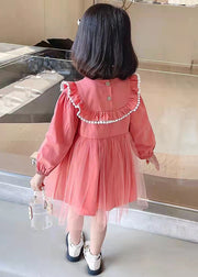Stylish Pink O Neck Wrinkled Patchwork Cotton Kids Girls Dresses Fall