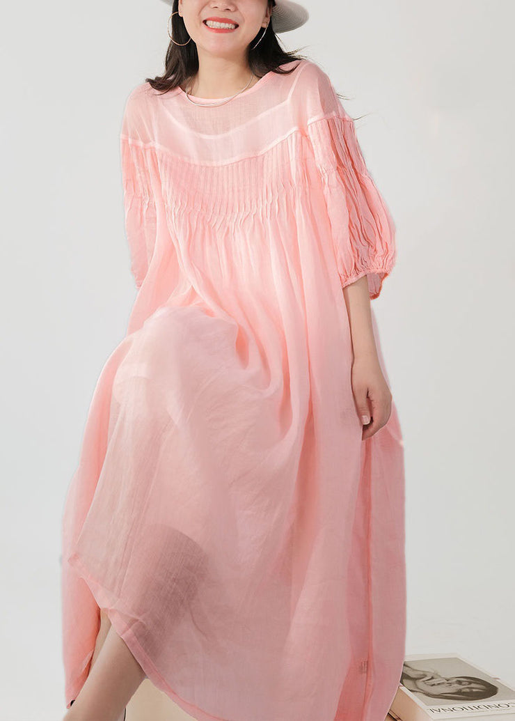 Stylish Pink O Neck Wrinkled Patchwork Long Linen Dress Summer