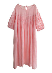 Stylish Pink O Neck Wrinkled Patchwork Long Linen Dress Summer