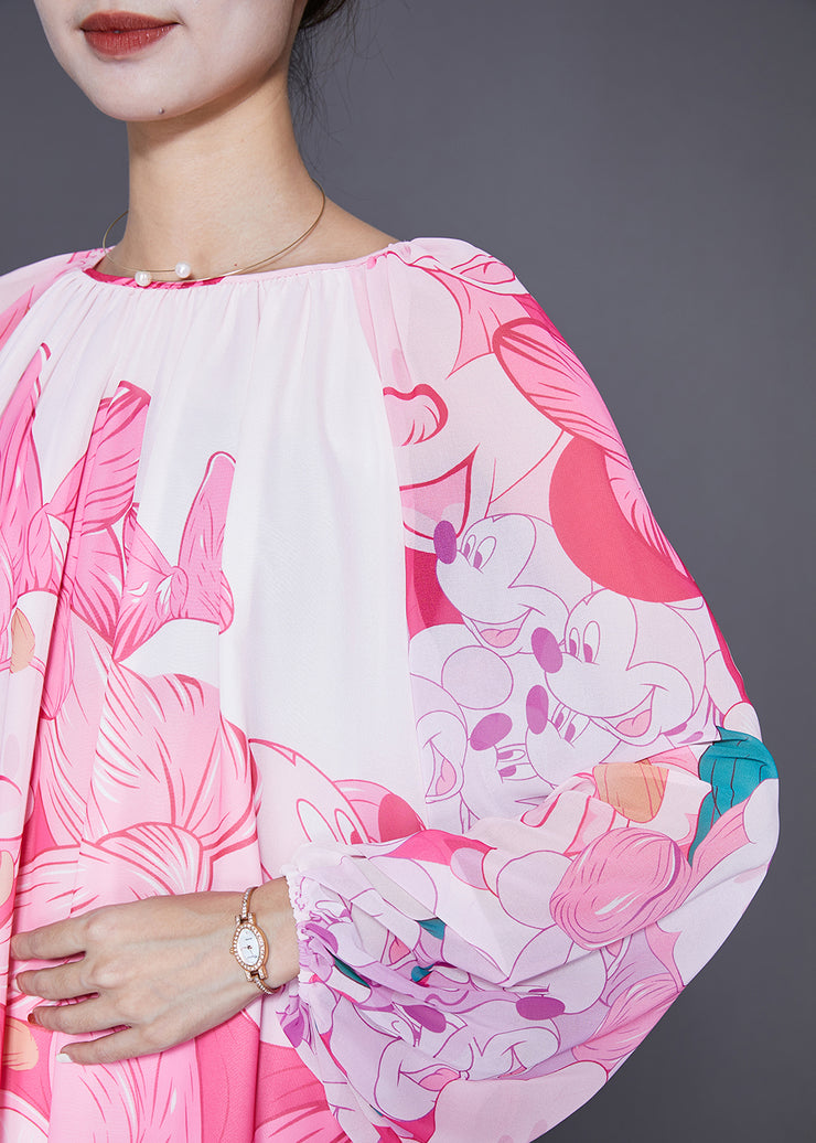 Stylish Pink Oversized Print Chiffon Beach Dresses Lantern Sleeve