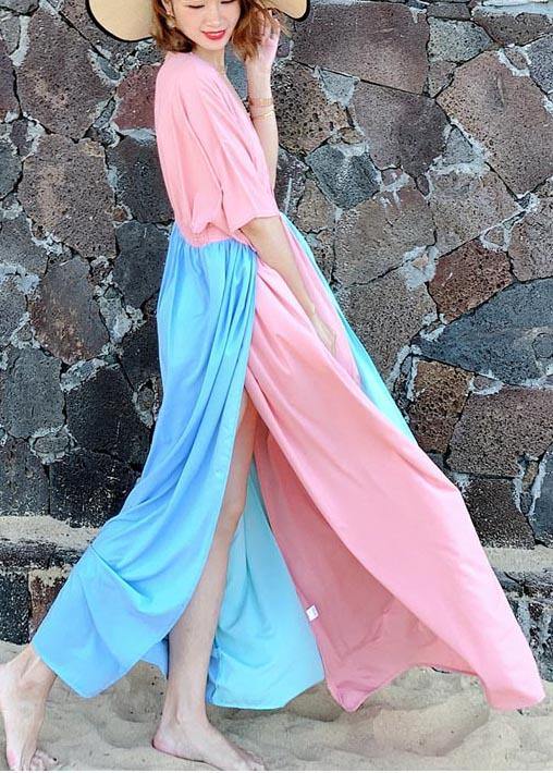 Stylish Pink Patchwork Blue Cotton side open Beach Gown Dresses - SooLinen