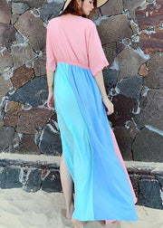 Stylish Pink Patchwork Blue Cotton side open Beach Gown Dresses - SooLinen