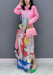 Stylish Pink Peter Pan Collar Print Patchwork Cotton Shirts Dress Summer