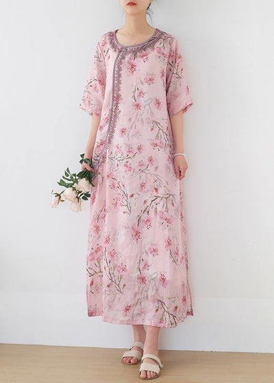 Stylish Pink Print Floral Oriental Summer Linen Dress - SooLinen
