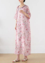 Stylish Pink Print Floral Oriental Summer Linen Dress - SooLinen