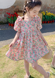 Stylish Pink Print Ruffled Bow Patchwork Chiffon Kids Girls Dress Summer