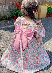 Stylish Pink Print Ruffled Bow Patchwork Chiffon Kids Girls Dress Summer