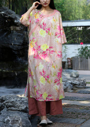 Stylish Pink Print Side Open Cotton Long Dresses Bracelet Sleeve