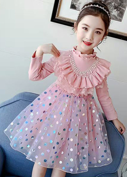 Stylish Pink Ruffled Dot Patchwork Cotton Baby Girls Dresses Fall