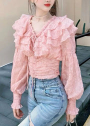 Stylish Pink Ruffled Lace Up Chiffon Blouses Long Sleeve