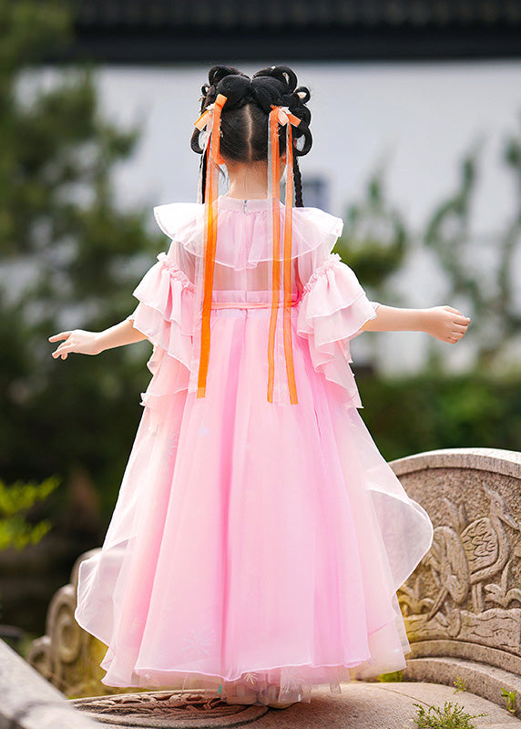 Stylish Pink Ruffled Patchwork Snow Embroidered Tulle Layered Girls Maxi Dresses Summer