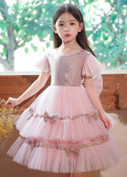 Stylish Pink Sequins Patchwork Bow Exra Large Hem Tulle Baby Girls Maxi Dresses Summer