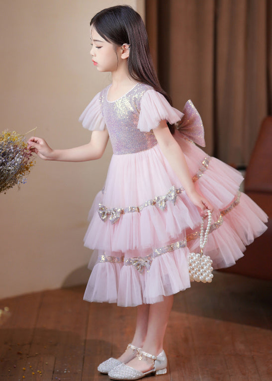 Stylish Pink Sequins Patchwork Bow Exra Large Hem Tulle Baby Girls Maxi Dresses Summer