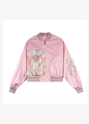 Stylish Plus Size Pink Pockets Print Patchwork Jackets Fall