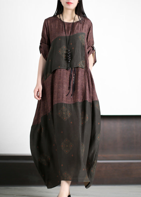Stylish Purple Coffee O-Neck Asymmetrical Print Silk Long Dress Short Sleeve