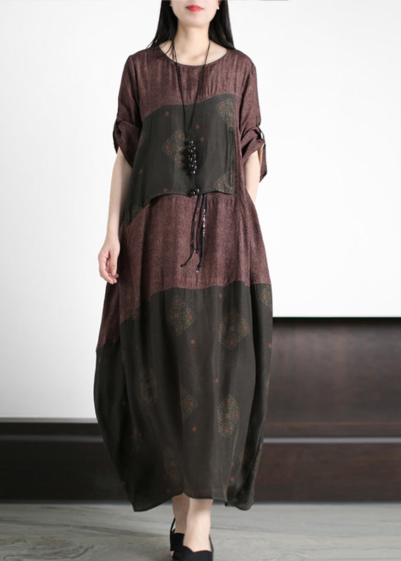 Stylish Purple Coffee O-Neck Asymmetrical Print Silk Long Dress Short Sleeve
