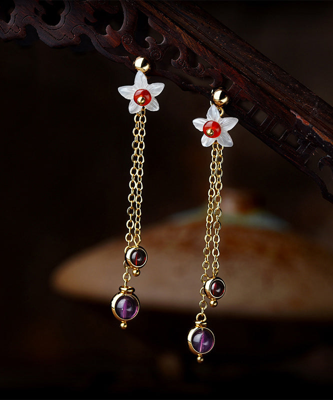 Stylish Purple Crystal Shell Floral Tassel Drop Earrings