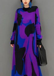 Stylish Purple Hign Neck Print Thick Knit Sweater Dress Winter