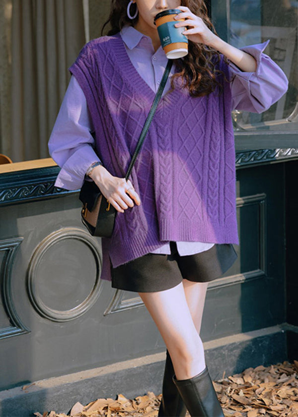 Stylish Purple Knit Vest And Shirts Two Pieces Set Fall
